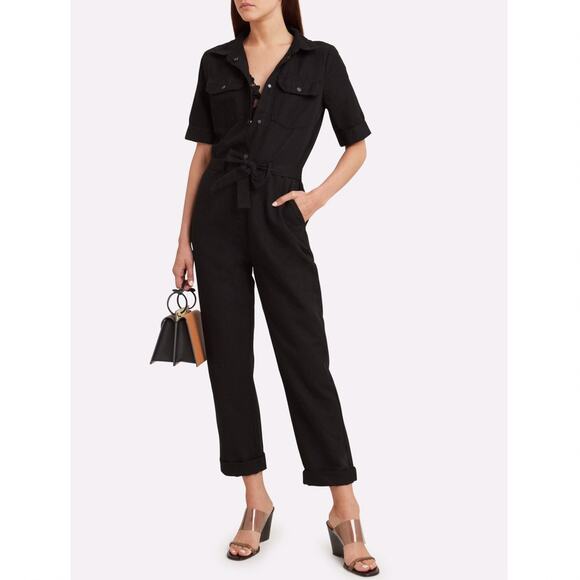 FRAME Denim Belted Cotton & Linen Jumpsuit in Black | Size XS - Picture 1 of 4
